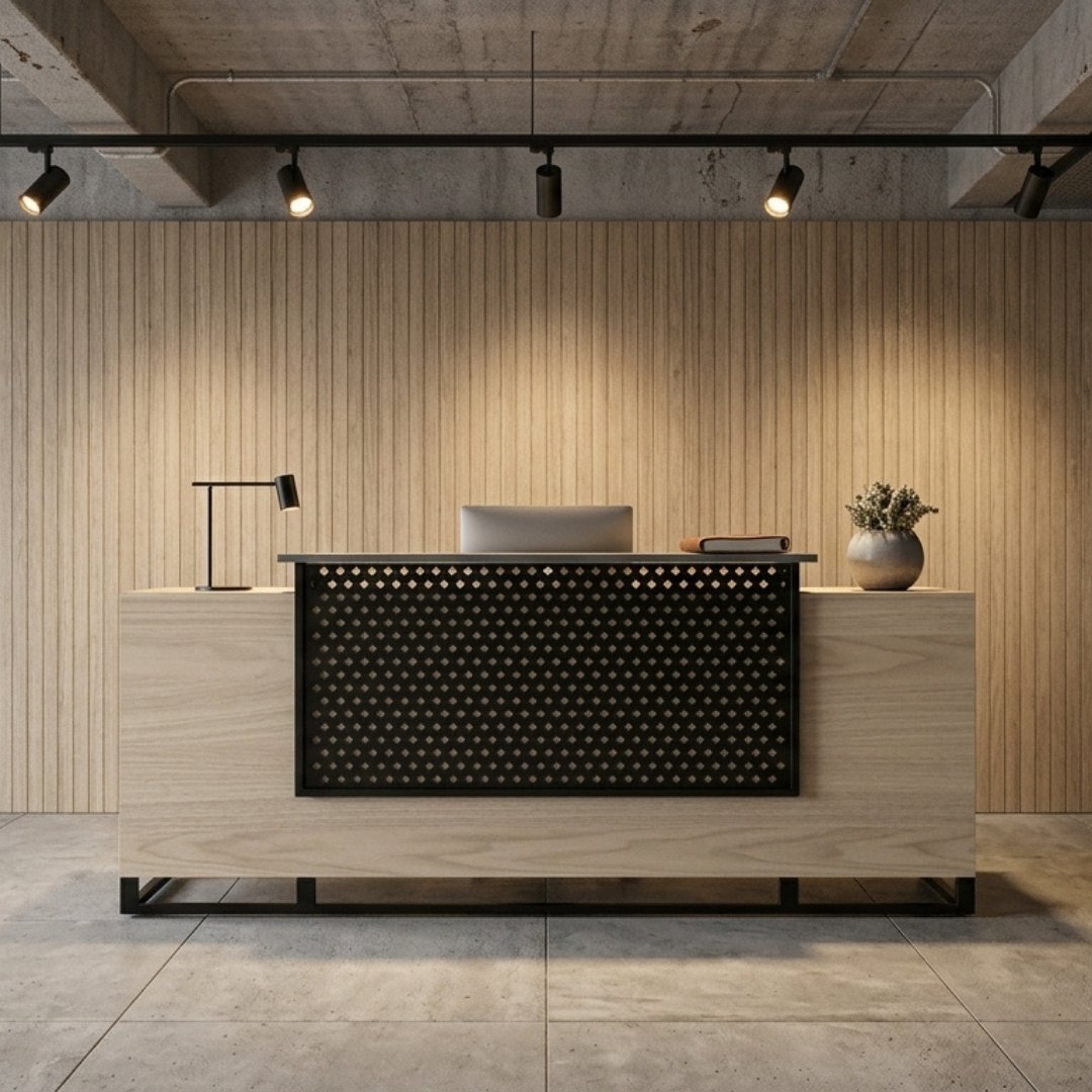 Recepción moderna recta Zóccolo en madera para oficina con panel metálico
